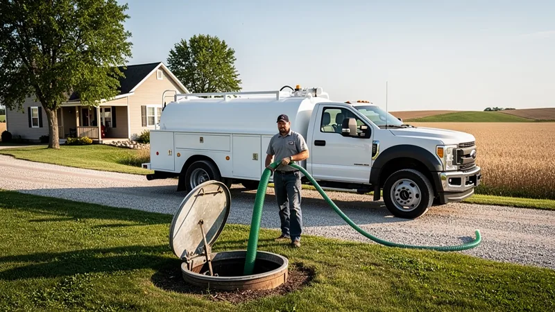 Septic service technician pumping a septic tank in Clemons, IA