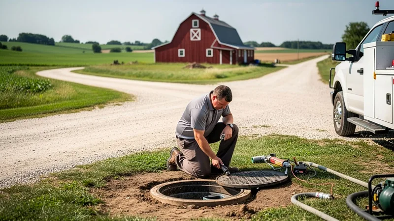 Septic service technician working on a residential septic tank in Ferguson, IA