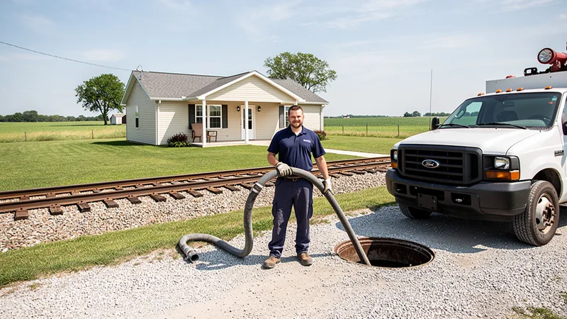 Septic service technician pumping a residential septic tank in Gilman, IA