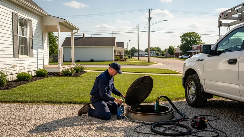 Septic service technician servicing a residential septic tank in Haverhill, IA