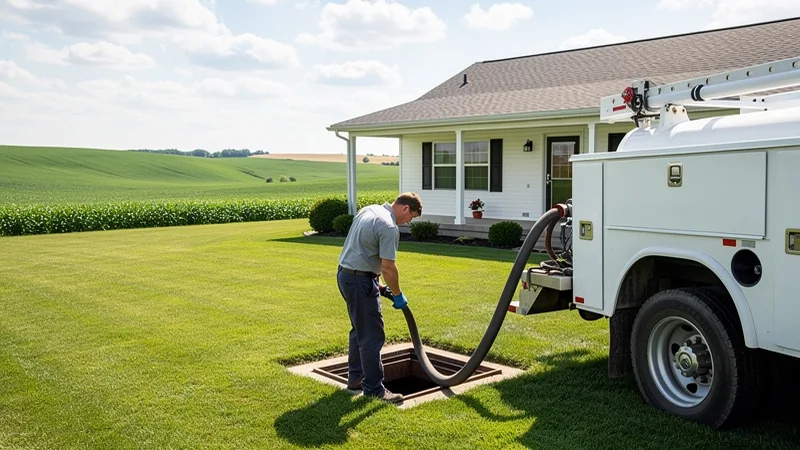 Septic service technician pumping a septic tank in Laurel, IA