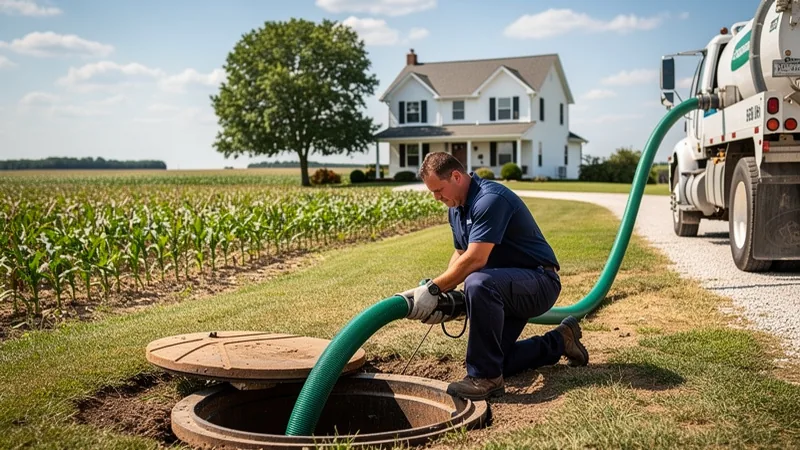 Septic service technician working on a residential septic system in Liscomb, IA