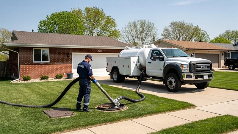 Septic service technician pumping a residential septic tank in Marshalltown, IA