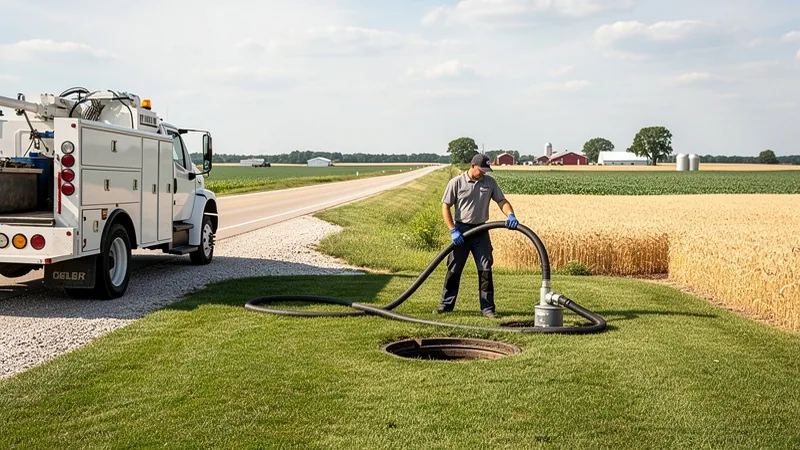Septic service technician pumping a residential septic tank in Rhodes, IA