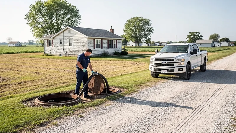 Septic service technician servicing a residential septic tank in St. Anthony, IA